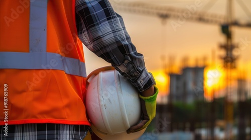 Construction worker holding helmet with blurred contruction background