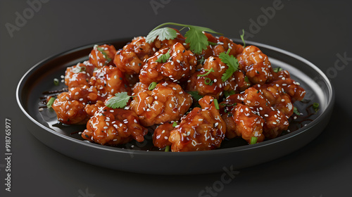 Closeup of a plate of delicious sweet and sour chicken with sesame seeds, green onions, and cilantro.