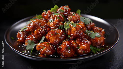 Close-up of a plate of delicious sweet and sour cauliflower florets with sesame seeds and green onions.