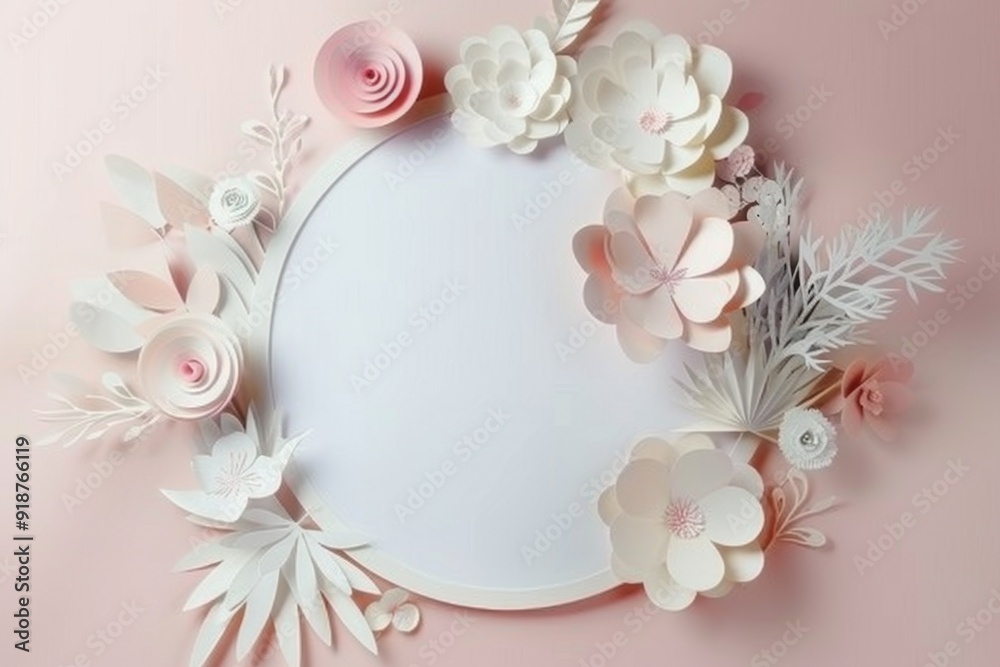 Naklejka premium Minimalistic top view of empty circle frame adorned with cherry blossom flowers on a soft pink background, creating an elegant and serene flat lay composition.