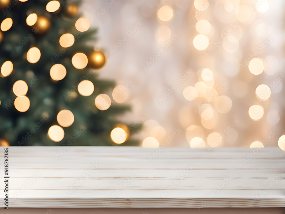 White empty table top in front, blurred christmas tree background. Xmas celebration banner with empty space. White holiday backdrop with golden bokeh lights. Happy New Year scene. White empty table top in front, blurred christmas tree background. Xmas celebration banner with empty space. White holiday backdrop with golden bokeh lights. Happy New Year scene.
