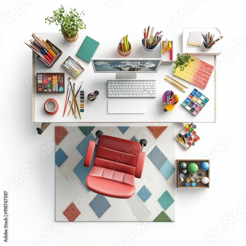 3D Render of a creative home office with an art desk, drafting chair, and colorful supplies, floor plan, on isolated white