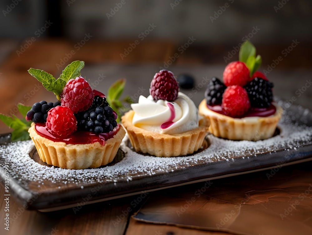 Delicious berry tarts on a rustic wooden table