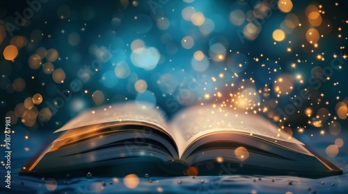 Open Book with Magical Glow and Bokeh Lights