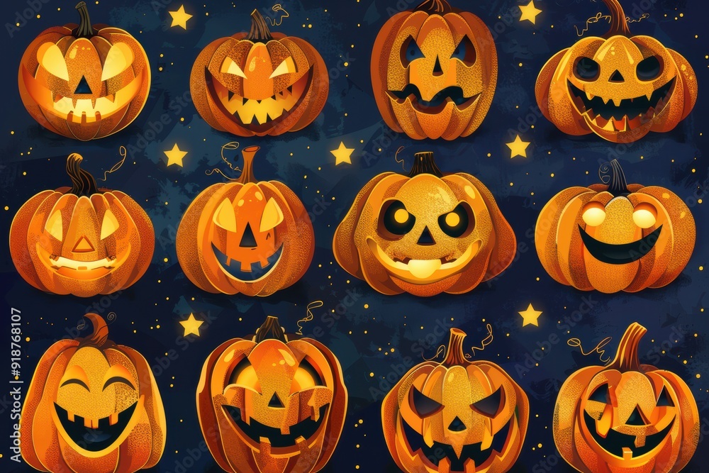 A collection of Halloween pumpkins with various scary expressions A collection of Halloween pumpkins with various scary expressions