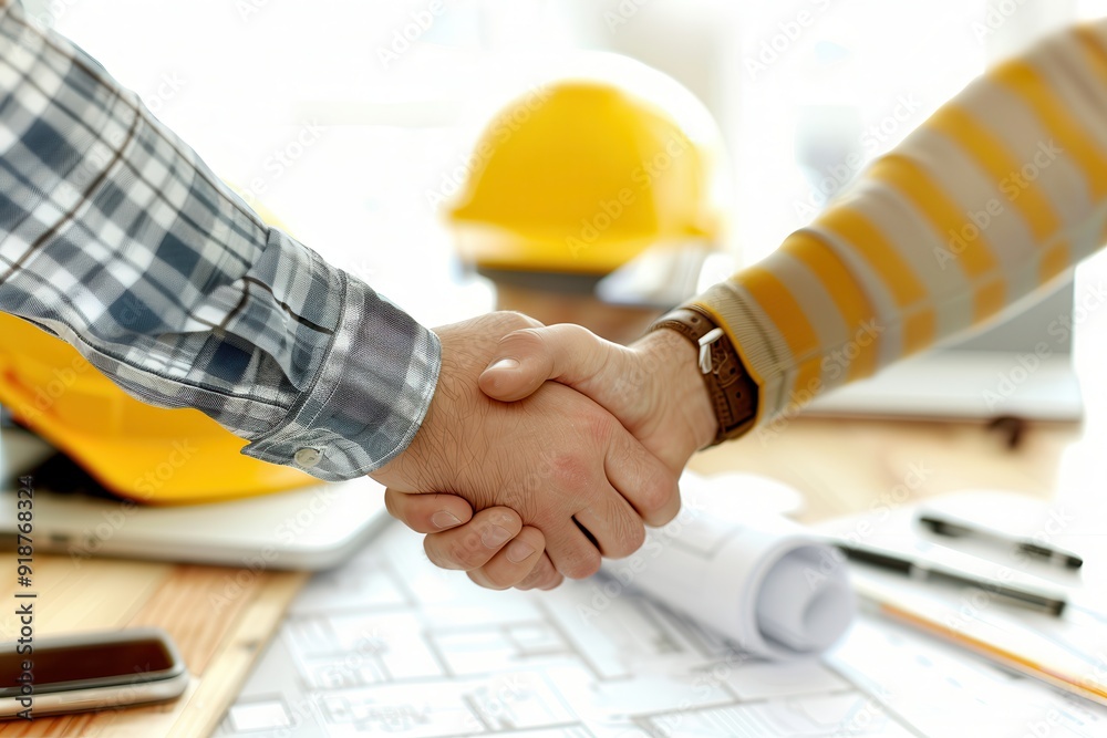Construction workers shaking hands over blueprints - Construction agreement concept