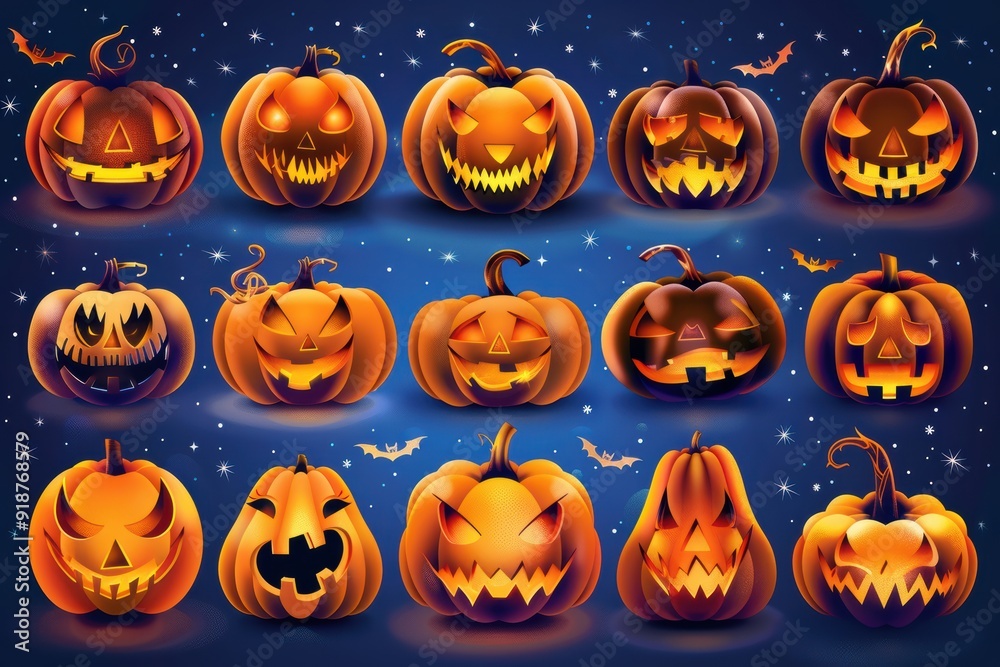 A collection of Halloween pumpkins with various scary expressions A collection of Halloween pumpkins with various scary expressions