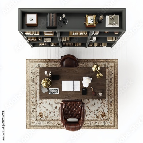 3D Render of a traditional home office with a classic wooden desk, leather chair, and built-in bookshelves, floor plan