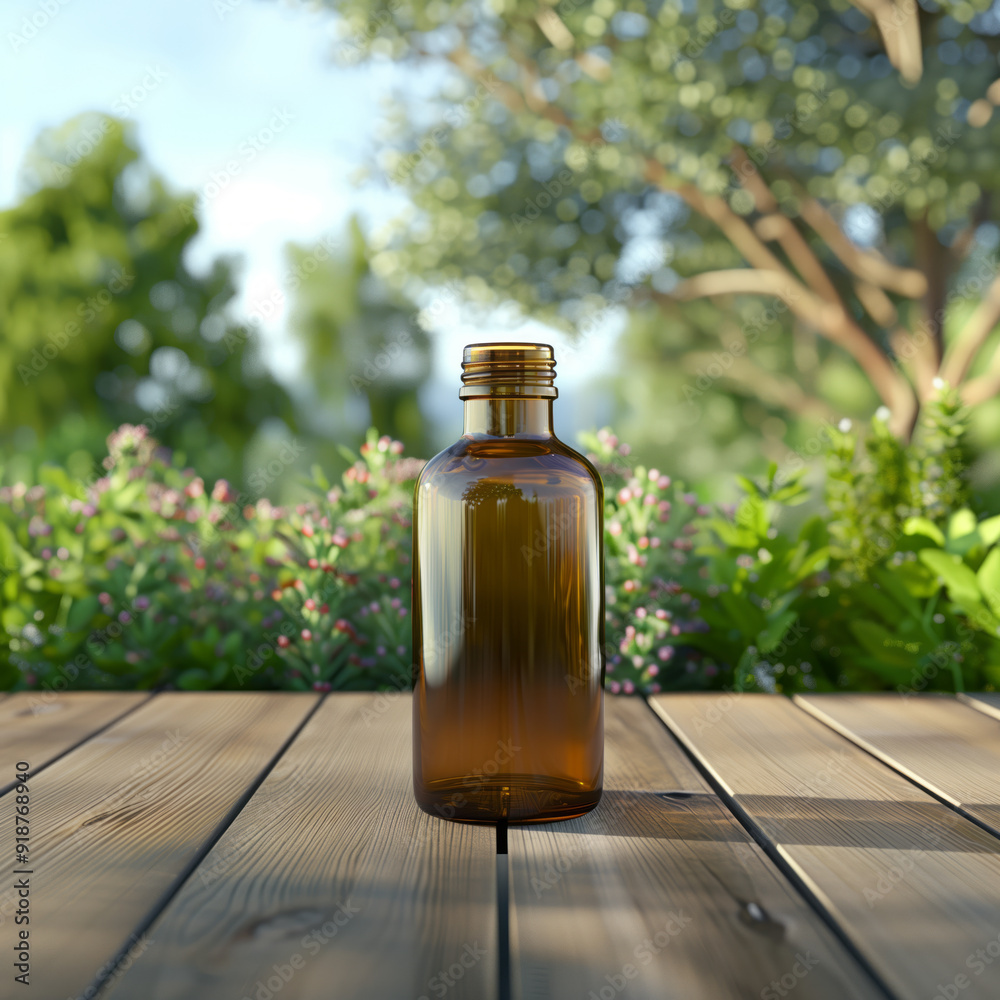Pharma bottle mockup on a natural wooden deck with a backdrop of outdoor greenery Pharma bottle mockup on a natural wooden deck with a backdrop of outdoor greenery