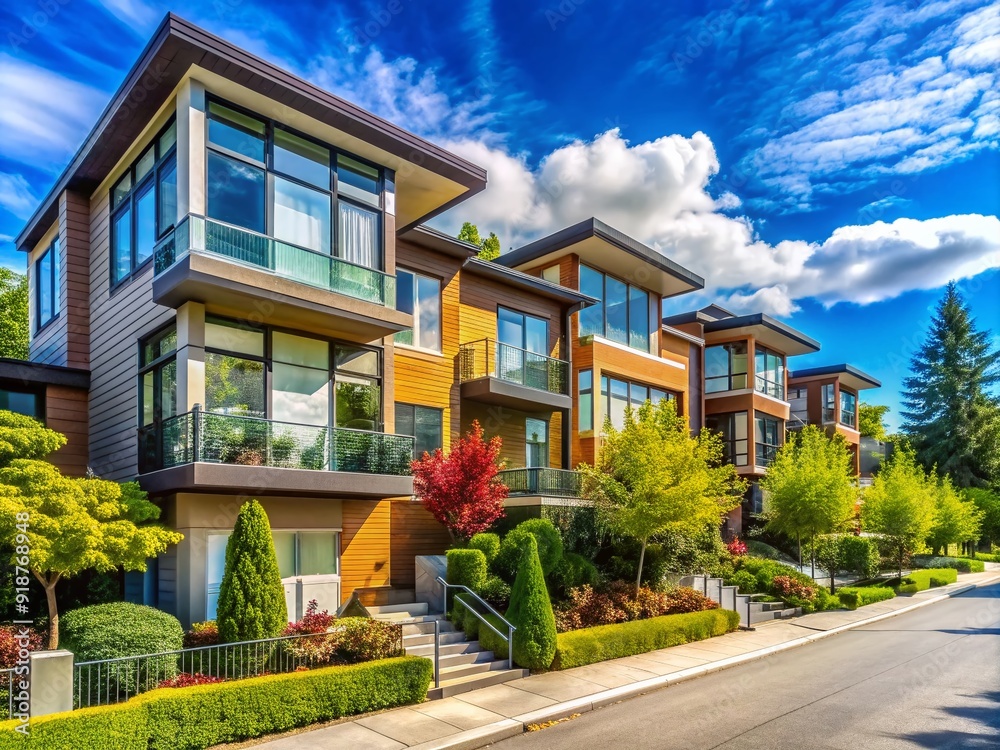 Fototapeta premium Vibrant sunny day showcases modern Canadian residential architecture in Vancouver, featuring sleek low-rise new townhouses and stylish neighborhood homes with lush green surroundings.