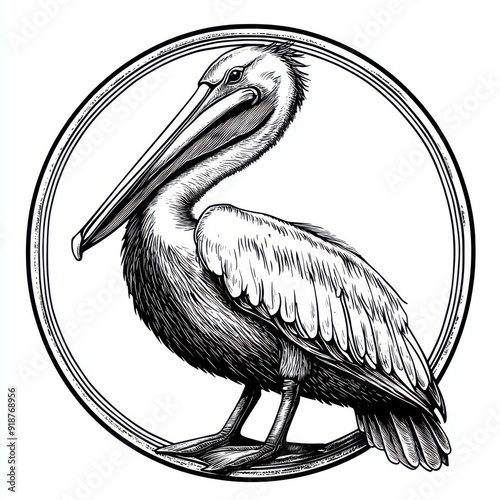 Black and white Vintage engraved art of a pelican in a circular stamp logo style, isolated on white background, ink sketch illustration, simple vector art design, highly detailed line art