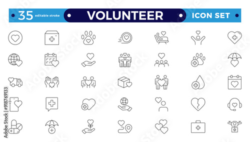 Volunteer icon set. Charity and Volunteering thin line style of philanthropic icons: almsgiving, helping those in need, donation, contribution, humanism, altruism.  Editable stroke outline icon. 
