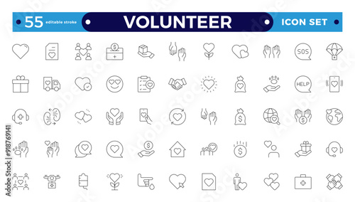 Volunteer icon set. Charity and Volunteering thin line style of philanthropic icons: almsgiving, helping those in need, donation, contribution, humanism, altruism.  Editable stroke outline icon. 