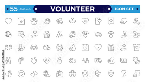 Volunteer icon set. Charity and Volunteering thin line style of philanthropic icons: almsgiving, helping those in need, donation, contribution, humanism, altruism.  Editable stroke outline icon. 