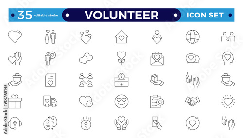 Volunteer icon set. Charity and Volunteering thin line style of philanthropic icons: almsgiving, helping those in need, donation, contribution, humanism, altruism.  Editable stroke outline icon. 