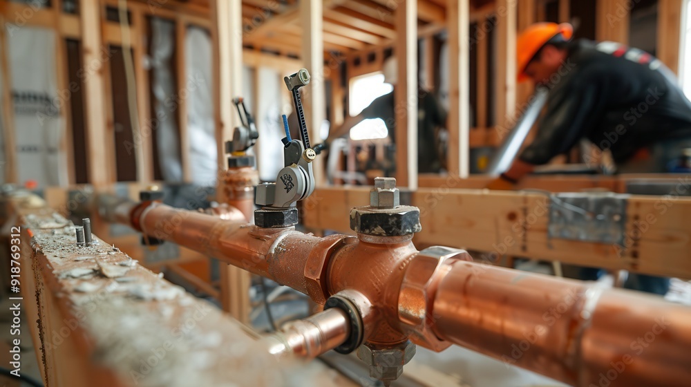 Copper pipe plumbing detail in a new construction. Copper pipe plumbing detail in a new construction.