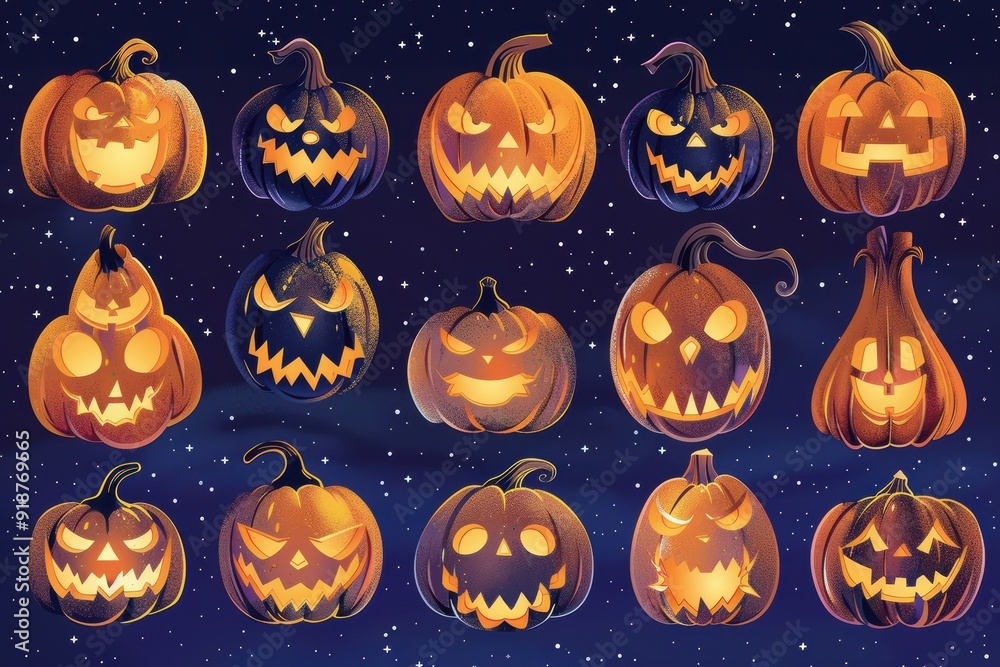 A collection of Halloween pumpkins with various scary expressions A collection of Halloween pumpkins with various scary expressions