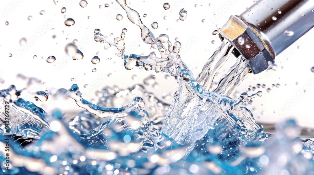 A close-up shot of water splashing from a faucet, capturing the motion and clarity of the water droplets in vibrant blue hues. A close-up shot of water splashing from a faucet, capturing the motion and clarity of the water droplets in vibrant blue hues.