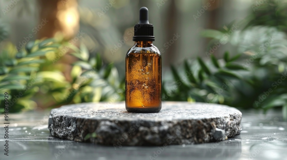 A bottle of essential oil is sitting on a stone slab A bottle of essential oil is sitting on a stone slab