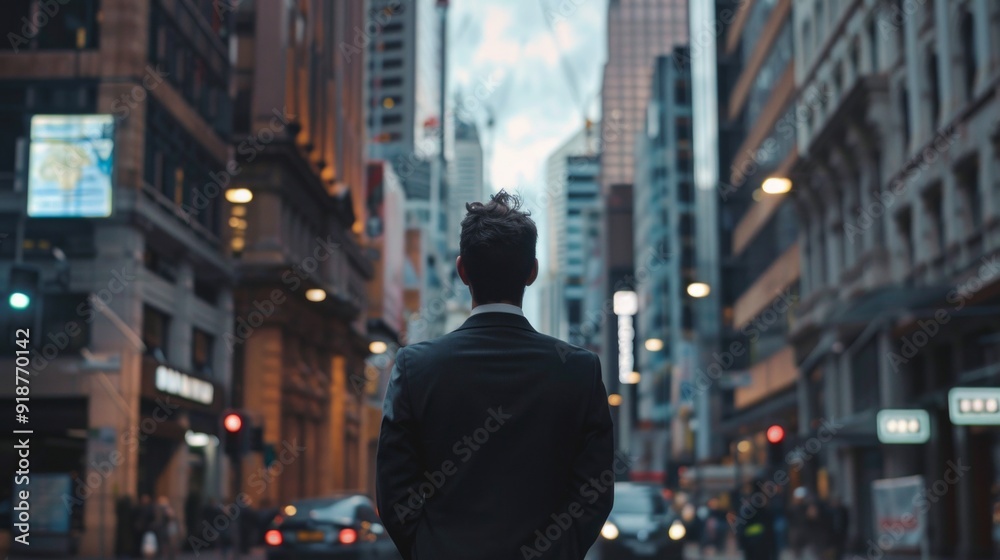 A man in a suit stands on a city street, looking up at the sky A man in a suit stands on a city street, looking up at the sky