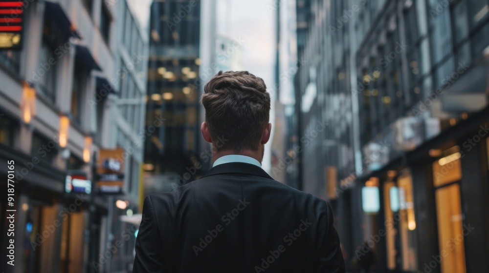 A man in a suit is walking down a city street A man in a suit is walking down a city street