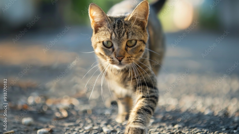 Naklejka premium A cat is walking on a road