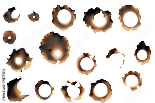 Set Of burnt holes in piece of paper PNG isolated on white and transparent background - Scorched edges Paper burns marks Fire damage Ashen paper