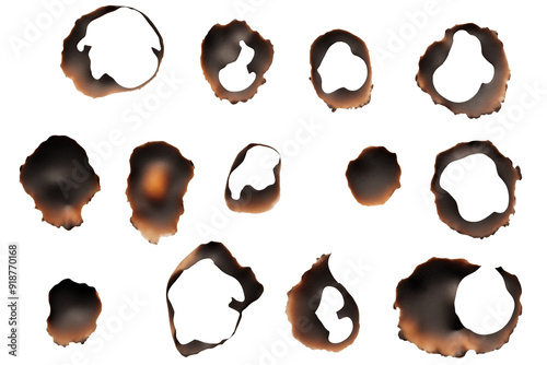 Set Of burnt holes in piece of paper PNG isolated on white and transparent background - Scorched edges Paper burns marks Fire damage Ashen paper photo