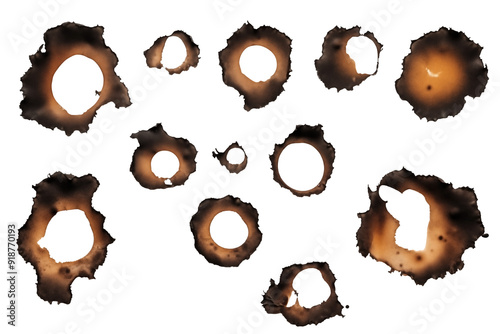 Set Of burnt holes in piece of paper PNG isolated on white and transparent background - Scorched edges Paper burns marks Fire damage Ashen paper