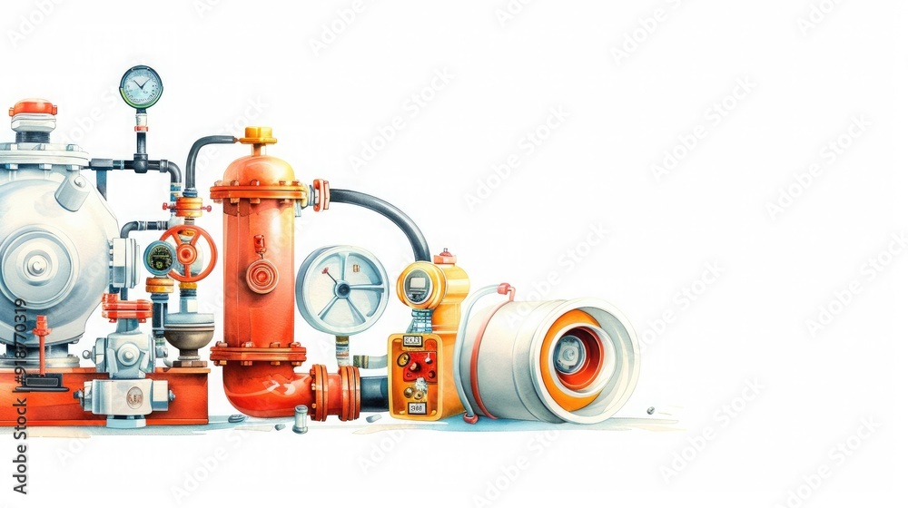 Fototapeta premium Industrial equipment with pipes, valves, and gauges, isolated on a white background. Perfect for engineering and technology themes.