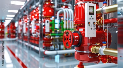 Industrial fire protection system with red pipes and control panels in a facility, focusing on safety equipment and plumbing infrastructure.
