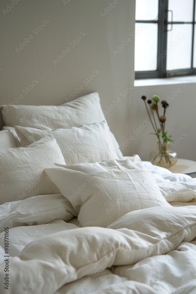A cozy bedroom scene with a bed featuring white sheets and pillows, accompanied by a vase with fresh flowers A cozy bedroom scene with a bed featuring white sheets and pillows, accompanied by a vase with fresh flowers