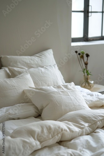 A cozy bedroom scene with a bed featuring white sheets and pillows, accompanied by a vase with fresh flowers