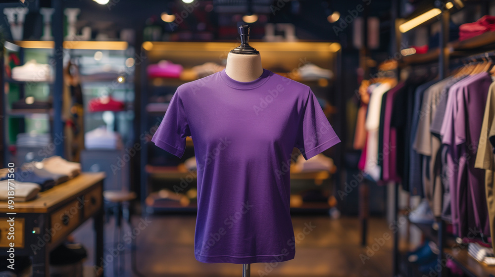 purple plain t-shirt mockup in store displayed on mannequin, clothing store background, Ai generated Images purple plain t-shirt mockup in store displayed on mannequin, clothing store background, Ai generated Images