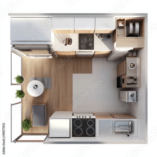 3D Render of a small apartment kitchen with efficient layout, compact appliances, and modern design, floor plan, on isolated white