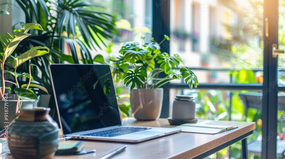 A laptop is on a desk with a potted plant next to it A laptop is on a desk with a potted plant next to it