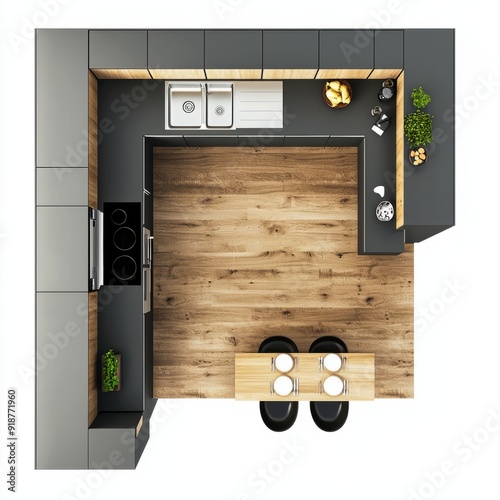 3D Render of an L-shaped kitchen with a breakfast bar, built-in oven, and ample counter space, floor plan, on isolated white background