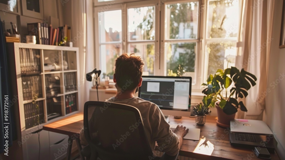 A man is sitting at a desk with a laptop and a potted plant A man is sitting at a desk with a laptop and a potted plant