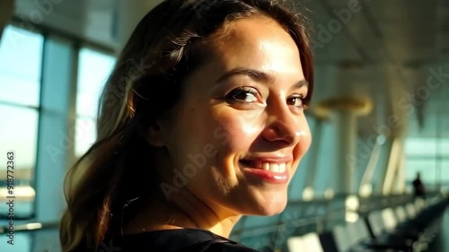 A young woman in an airport terminal, looking over her shoulder with a gentle smile