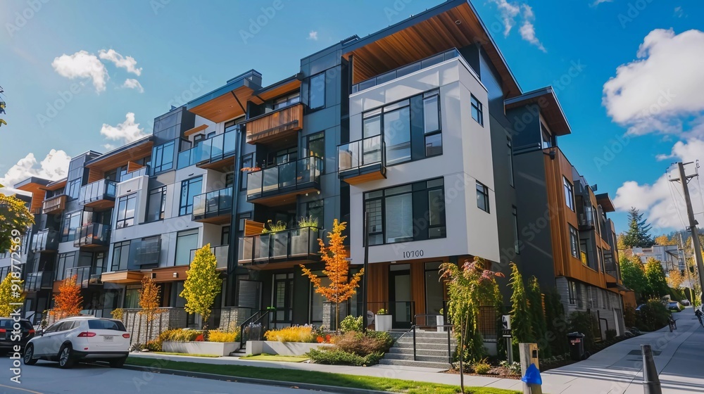 Naklejka premium New Modern Apartment Building in Vancouver BC. Canadian modern residential architecture on a sunny day