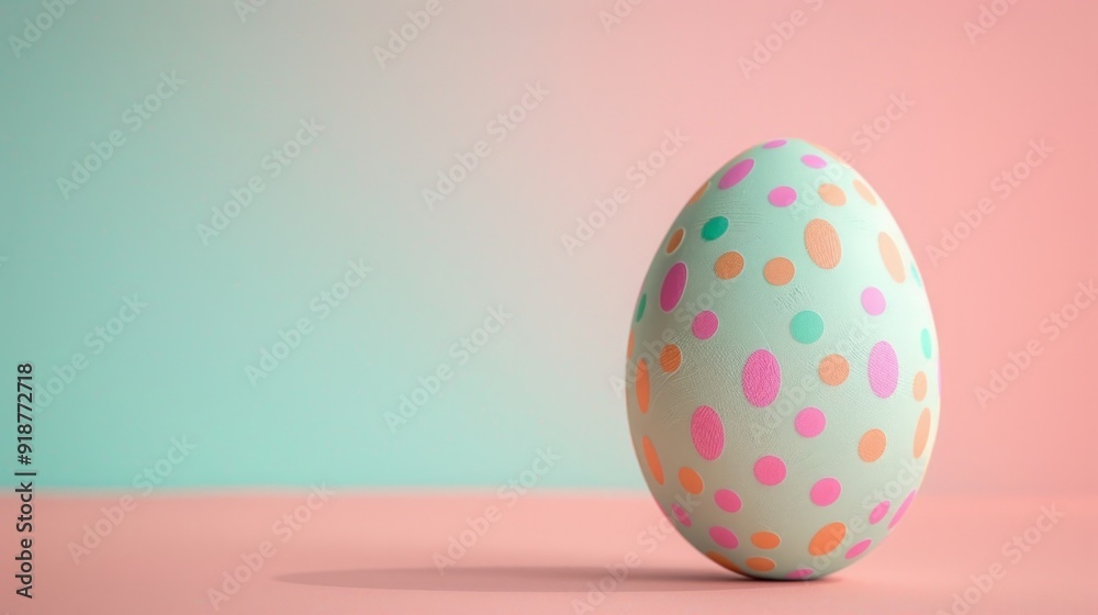 A green and pink egg with polka dots on it sits on a pink background A green and pink egg with polka dots on it sits on a pink background