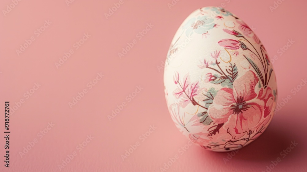 A white egg with flowers painted on it sits on a pink background A white egg with flowers painted on it sits on a pink background
