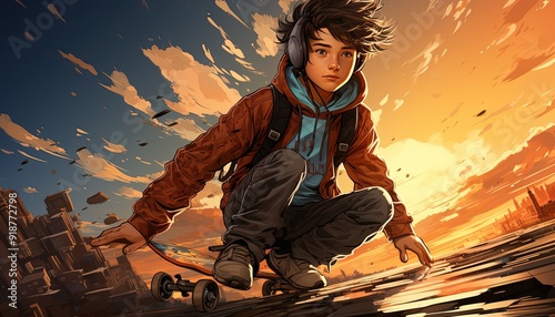 A teenage boy skateboarding in an urban area