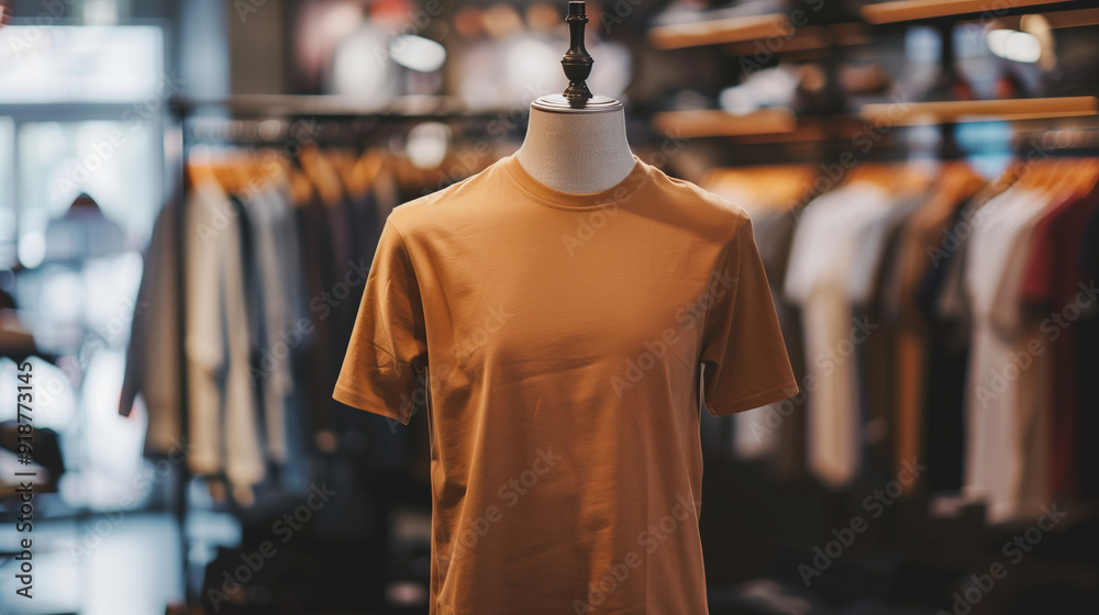 Brown plain t-shirt mockup in store displayed on mannequin, clothing store background, Ai generated Images Brown plain t-shirt mockup in store displayed on mannequin, clothing store background, Ai generated Images