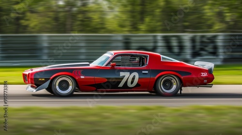 A red and black car with the number 70 on it is driving down a road