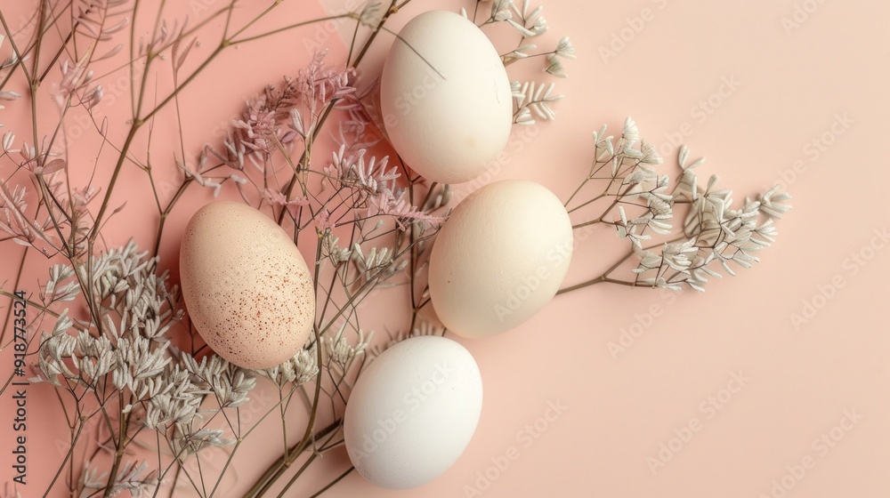 A group of eggs are sitting on a pink background A group of eggs are sitting on a pink background