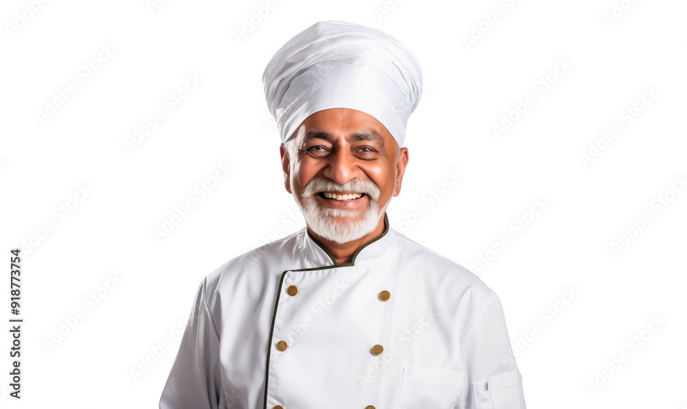Portrait of a senior Indian chef smiling in uniform, isolated on transparent background Portrait of a senior Indian chef smiling in uniform, isolated on transparent background
