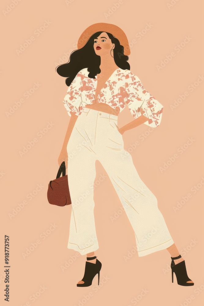 Minimalism illustration, a Latina woman, wearing a boho high-waisted trousers with a flowy blouse, a beret, and a small satchel bag, standing with one hand on her hip, boho woman fashion