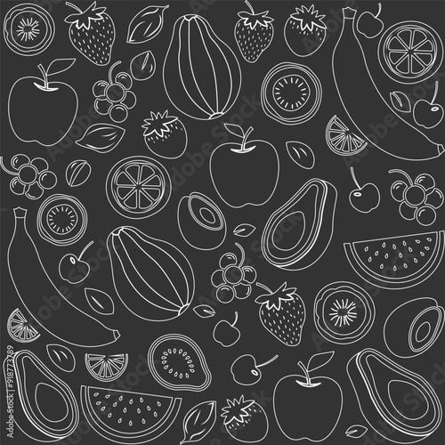 World food day monochromatic line art vector poster, background design of various fruit. Nutritious, healthy diet vector background for world food day, Vegetarian, vegan day.