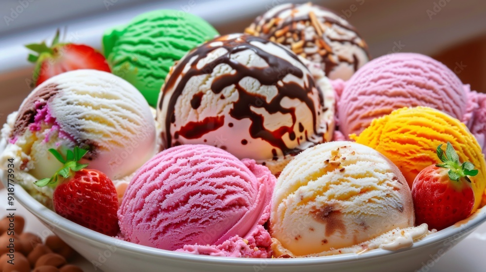 A bowl of ice cream with a variety of flavors including strawberry, green